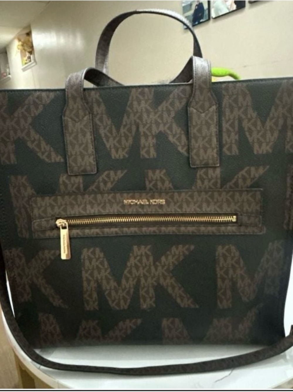 Michael Kors Dark Brown MK Logo Tote with Gold Hardware